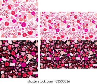 Seamless pattern for Valentine`s Day with doves, letters, hearts, arrows and flowers on black or white background