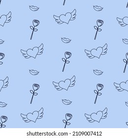 Seamless pattern with Valentine's Day elements. Flower, wings, lips