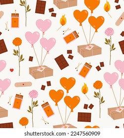 Seamless pattern of valentine's day elements. Romantic objects. Gift box, balloons, rose, chocolate, matchbox. Concept of valentine's day, romance, love. 