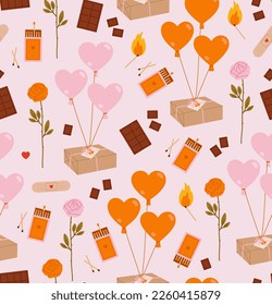 Seamless pattern of valentine's day elements. Romantic objects. Gift box, balloons, rose, chocolate, matchbox. Concept of valentine's day, romance, love. 