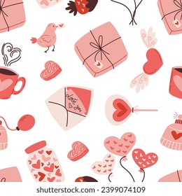 Seamless Pattern with Valentines Day Elements Like Hearts, Balloons, Envelopes and Birds, Sweets and Cup, Creating Cute Romantic Design For Expressing Love And Affection. Cartoon Vector Illustration