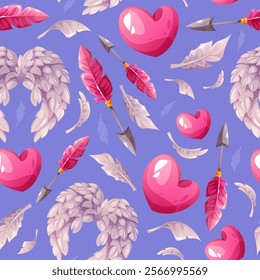 Seamless pattern of Valentine's day elements. Cupid wings, hearts, arrows and feathers. Romantic background