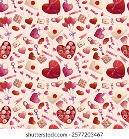 Seamless pattern with Valentine's day elements on a pink background. Lock, key, balloons, heart, candy, cookies, arrow. The concept of romance, love. Vector illustrations for posters, banners