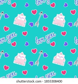 Seamless pattern for Valentine's day, with envelope, hearts and arrow. A confession of feelings. Pattern for greeting cards or gift paper. Vector illustration.