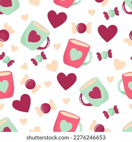 Seamless pattern for valentine's day. Featuring coffee mugs, candys, and heart shapes. Hand draw style. On a white background. 