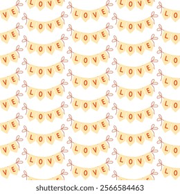 Seamless pattern of Valentines Day Festive garland of flags with hearts. Hand drawn design for Valentine’s Day, Wedding, Mother’s day celebration, greeting cards, scrapbooking, home decoration.