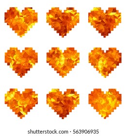 Seamless pattern for Valentine's Day in the form of low-poly triangulated fire hearts. Isolated on white background.