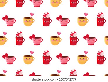 Seamless pattern for Valentine's day. Funny yellow, red and pink mug of hot chocolate, coffee or cocoa with a pink heart. Kawaii cartoon character. Cup of sweet drink. Background for children's design