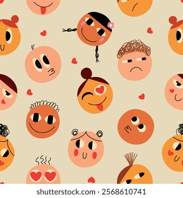Seamless pattern for Valentine's Day. Funny happy comic faces of lovers. Romantic concept.Textile and fabric design, wrapping paper.Vector stock illustration.