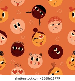 Seamless pattern for Valentine's Day. Funny happy comic faces of lovers. Romantic concept. Textile and fabric design, wrapping paper. Vector stock illustration.