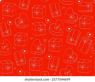 Seamless pattern for Valentine's day. Gift boxes, hand drawn outline illustrations on red background. Doodle icons, symbols of love. Wrapping paper.