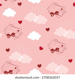  Nahtloses Muster für Valentinstag Geschenkverpackung Briefe mit Band gebunden und mit einer Schleife auf rosafarbenem Hintergrund, umgeben von Wolken und Herzen Vektorhintergrund