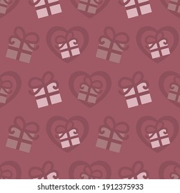 Patrón sin inconvenientes para el Día de San Valentín con regalos y corazones. Color de frambuesa. Vector.