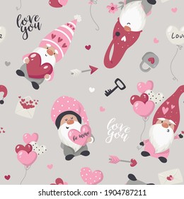 Seamless pattern with Valentine's Day gnomes. Vector illustration for wrapping paper and scrapbooking