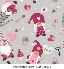 Seamless pattern with Valentine's Day gnomes. Vector illustration for wrapping paper and scrapbooking