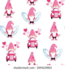 Seamless pattern with Valentines Day gnomes in truck and Cupid with bow and arrow