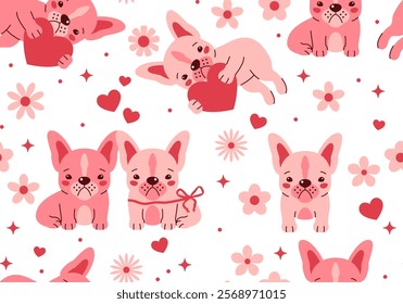 Seamless pattern for Valentine's day greeting card with French bulldog puppy. Cute design. Vector illustration. Dog. Funny french bulldog puppy. Cute background texture