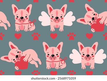 Seamless pattern for Valentine's day greeting card with French bulldog puppy. Cute design. Vector illustration. Dog. Funny french bulldog puppy. Cute background texture