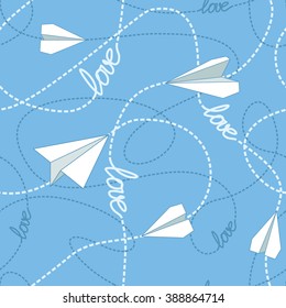 Seamless pattern for Valentines day greeting card of wrap. Repeating abstract background with paper planes, love words and dashed lines. Romantic conceptual texture. EPS8 vector illustration.