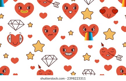 Seamless pattern for Valentines day. Groovy lovely hearts stickers. Love concept. Happy Valentines day. Retro love crazy heart smiley face. Valentine's day groovy decorative elements. Cute fun heart