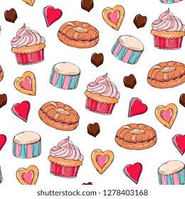 Seamless  pattern  Valentines day hand drawing,  baking and sweets, Cupcake, sweets, cakes, .Christmas, holidays decoration. For menus, packaging, fabrics, invitations