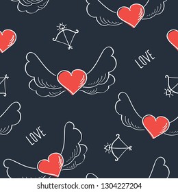 Seamless pattern for Valentine's Day. Hand drawn hearts with wings. Dark background. Vector.