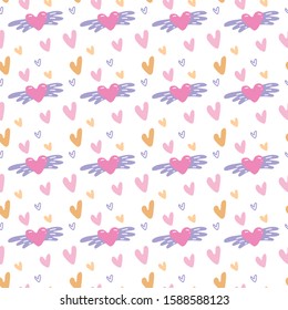 Seamless pattern for Valentine's Day. Hand drawn hearts with wings. Doodle Vector illustration