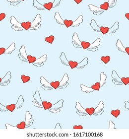 Seamless pattern for Valentine's Day. Hand drawn hearts with wings. Vector.