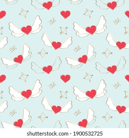 Seamless pattern for Valentine's Day. Hand drawn hearts with gold wings. Romantic background for textile, wallpaper, covers, print, wrap, surface, scrapbooking. Vector.