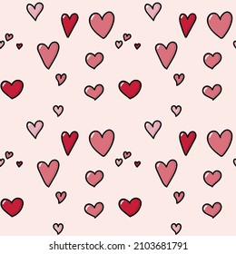 patrón impecable de San Valentín en estilo doodle dibujado a mano. patrón romántico con corazones rosados y rojos con trazo negro. Ilustración del vector 