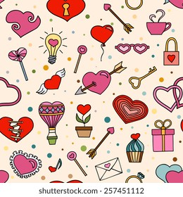 Seamless pattern for valentines day with hand drawn hearts and romantic symbols 