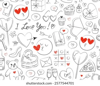 Seamless pattern for Valentine's day. Hand drawn outline illustrations on white background. Heart, teddy bear, lollipop, gift box. Doodle icons, symbols of love. Wrapping paper.