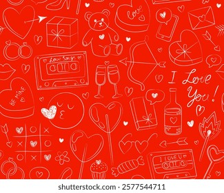 Seamless pattern for Valentine's day. Hand drawn outline illustrations on red background. Heart, music cassette, teddy bear, lollipop, gift box. Doodle icons, symbols of love. Wrapping paper.