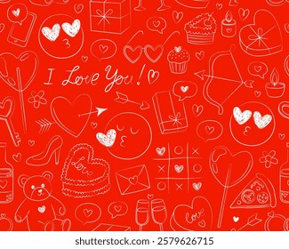 Seamless pattern for Valentine's day. Hand drawn outline illustrations on red background. Heart, music cassette, teddy bear, lollipop, gift box. Doodle icons, symbols of love. Wrapping paper.