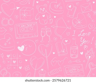 Seamless pattern for Valentine's day. Hand drawn outline illustrations on pink background. Heart, music cassette, teddy bear, lollipop, gift box. Doodle icons, symbols of love. Wrapping paper.