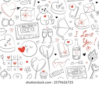 Seamless pattern for Valentine's day. Hand drawn outline illustrations on white background. Heart, music cassette, teddy bear, lollipop, gift box. Doodle icons, symbols of love. Wrapping paper.