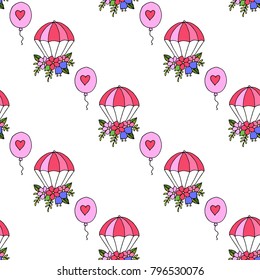 Seamless pattern for valentines day with hand drawn hearts and romantic symbols
