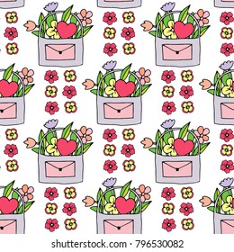 Seamless pattern for valentines day with hand drawn hearts and romantic symbols