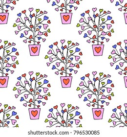Seamless pattern for valentines day with hand drawn hearts and romantic symbols