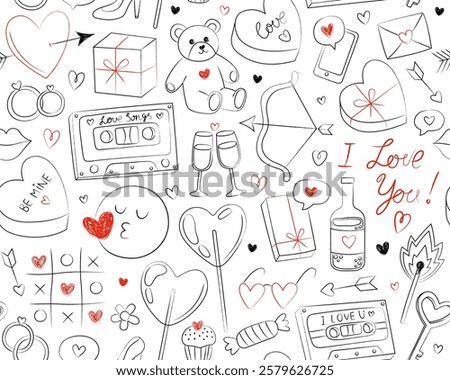 Seamless pattern for Valentine's day. Hand drawn outline illustrations on white background. Heart, music cassette, teddy bear, lollipop, gift box. Doodle icons, symbols of love. Wrapping paper.