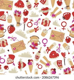 Seamless pattern for Valentines Day. Happy All lovers Day. Chocolate, champagne, cupcake, ice cream, strawberry, Lollipop. Flat style in vector illustration. Textile and paper design.