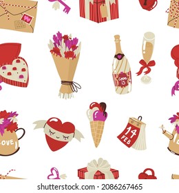 Seamless pattern for Valentines Day. Happy All lovers Day. Chocolate, champagne, cupcake, ice cream, strawberry, Lollipop. Flat style in vector illustration. Textile and paper design.