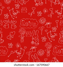  A seamless pattern Valentine's day with the hare, letter, flower, heart, gift paper or fabric.