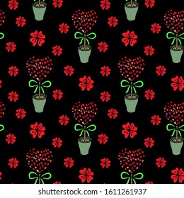 Seamless pattern Valentines Day heart shape flower tree with bow. Isolated on black background. For wrapping paper, scrap booking and printed matter,  invitation, greeting cards, digital paper.