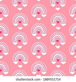 Patrón sin inconfundibles San Valentín con el corazón, arcoiris sobre fondo rosa. Ilustración plana vectorial. Diseño para textil, tela, envoltura, papel pintado, fondo, tarjeta, nota, invitación
