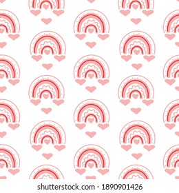 Seamless pattern Valentines day with heart, rainbow isolated on white background. Vector flat illustration. Design for textile, fabric, wrapping, wallpaper, backdrop, card, note, invitation