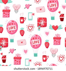 Patrón sin inconvenientes para el Día de San Valentín con el corazón y otros elementos en un fondo blanco. Día de San Valentín, concepto de boda y amor. Ilustraciones vectoriales