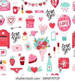 Seamless pattern for Valentine's Day with heart and other elements on a white background. Valentine's day, wedding and love concept. Vector illustrations