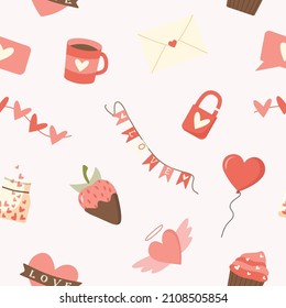 Seamless pattern for valentine's day - heart, strawberry, cup, letter, air balloon