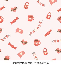 Seamless pattern for valentine's day - heart, candy, cup, lock.